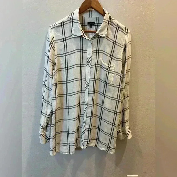 Talbots Women's Windowpane Plaid Button Up Blouse‎ Long Sleeve Ivory XL - Picture 1 of 4
